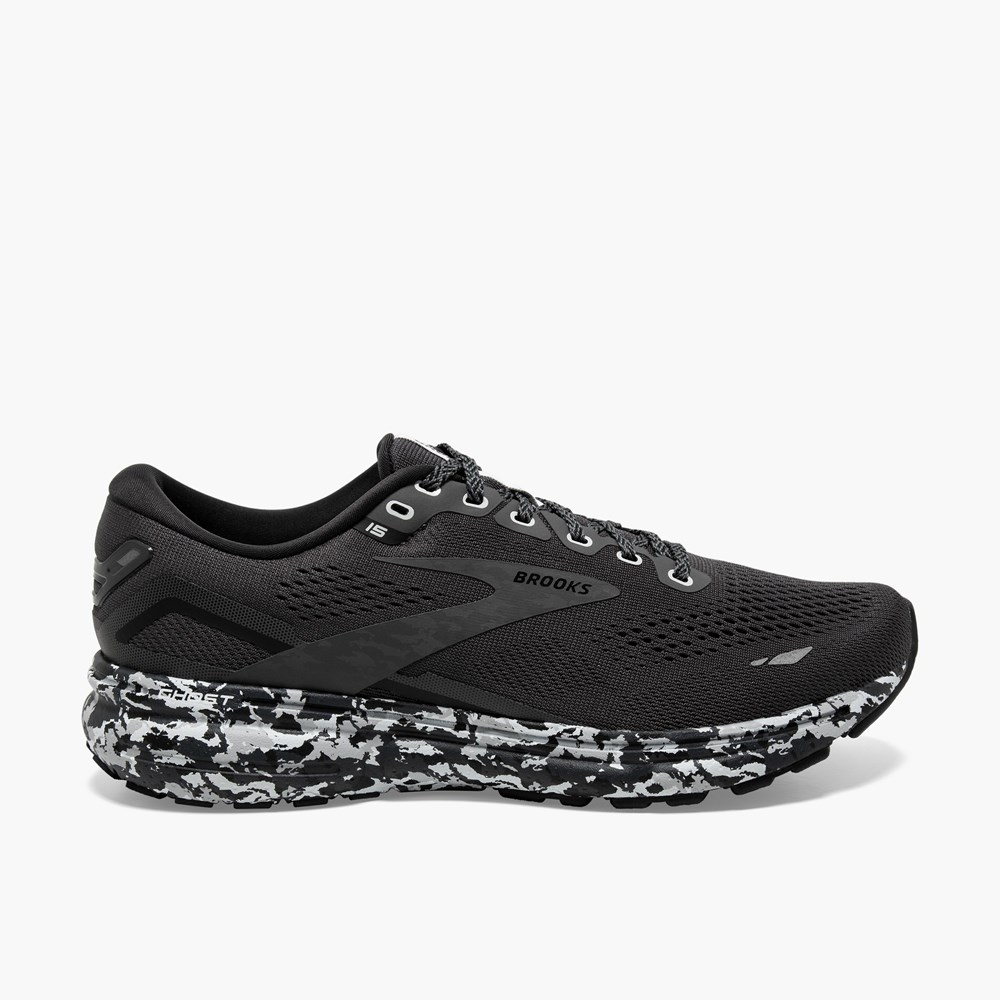 Men Brooks Ghost 15 Running Shoes Black / Grey / White | LIHE60549