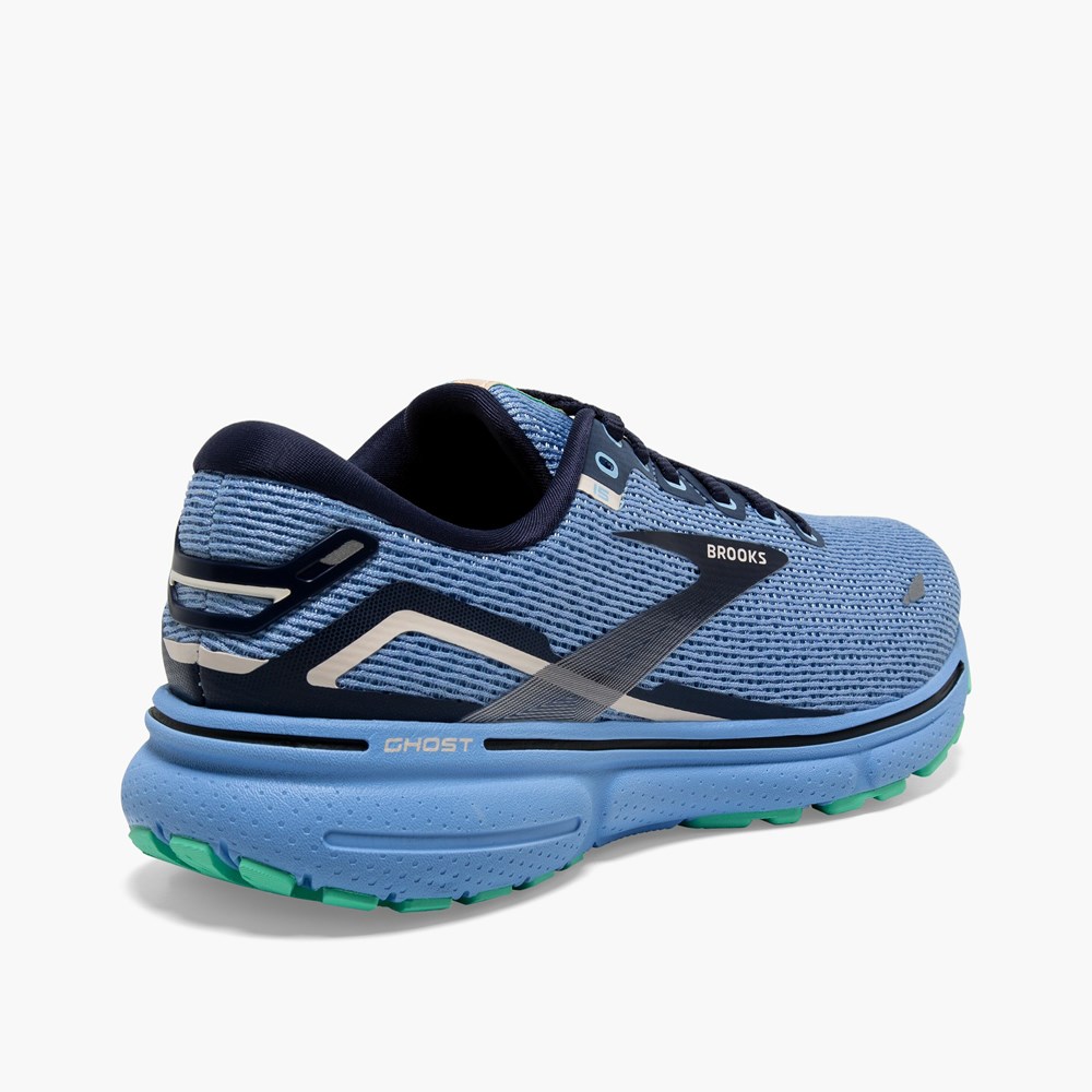 Women Brooks Ghost 15 Cushioned Road Running Shoes White / Grey / Blue | BPFK37140